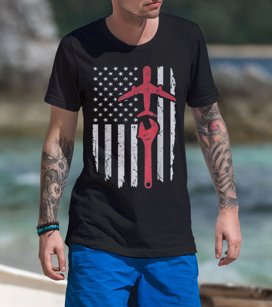 American Flag Airplane Mechanic Aviation Technician Wrench T-Shirt