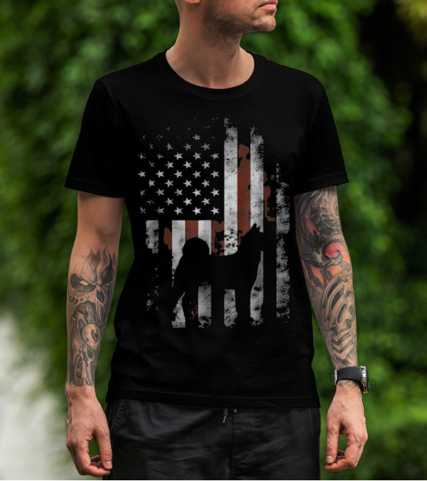 Akita Inu Silhouette Overlaid On American Flag Patriotic T-Shirt