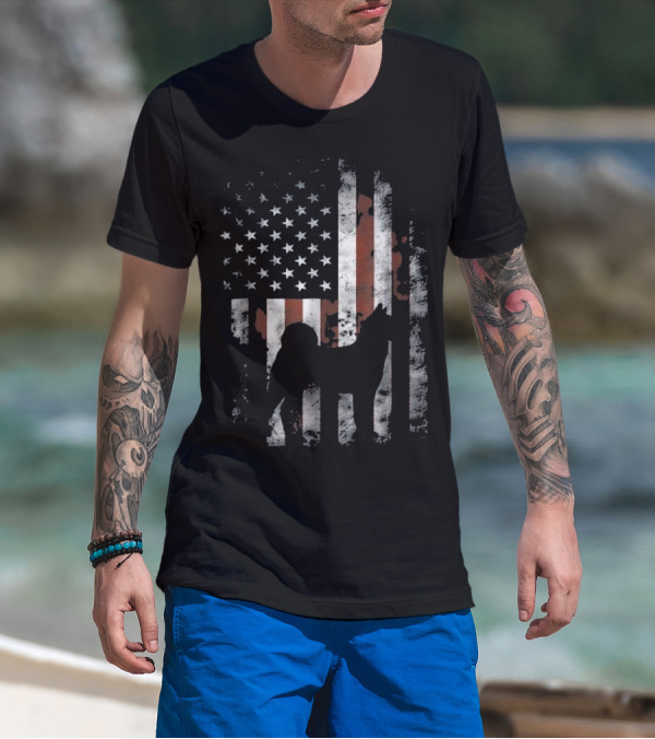 Akita Inu Silhouette Overlaid On American Flag Patriotic T-Shirt