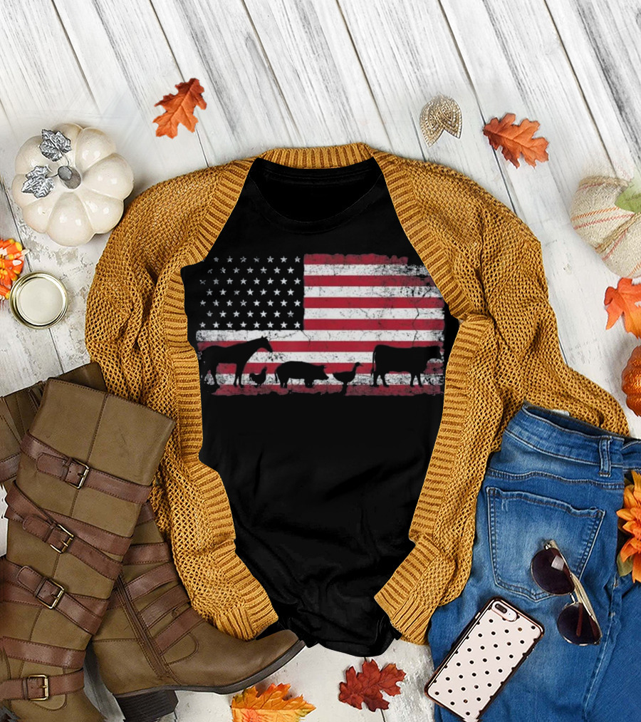 American Flag Farm Animals 4th of July Chicken Horse Cow T-Shirt
