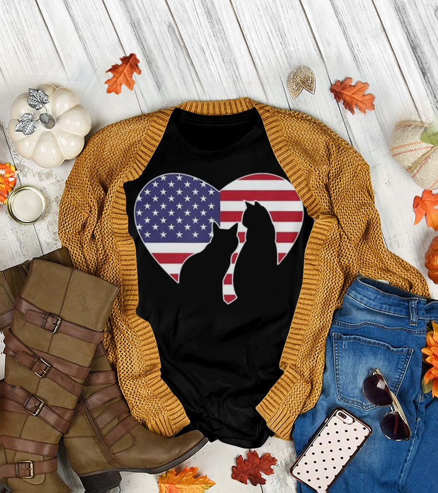 American Flag Cat Heart 4th Of July Patriotic T-Shirt