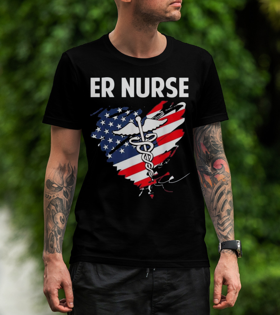 ER Nurse American Flag Caduceus Medical T-Shirt