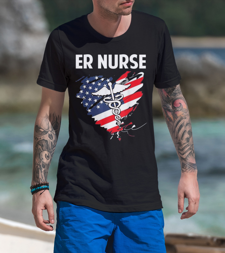 ER Nurse American Flag Caduceus Medical T-Shirt