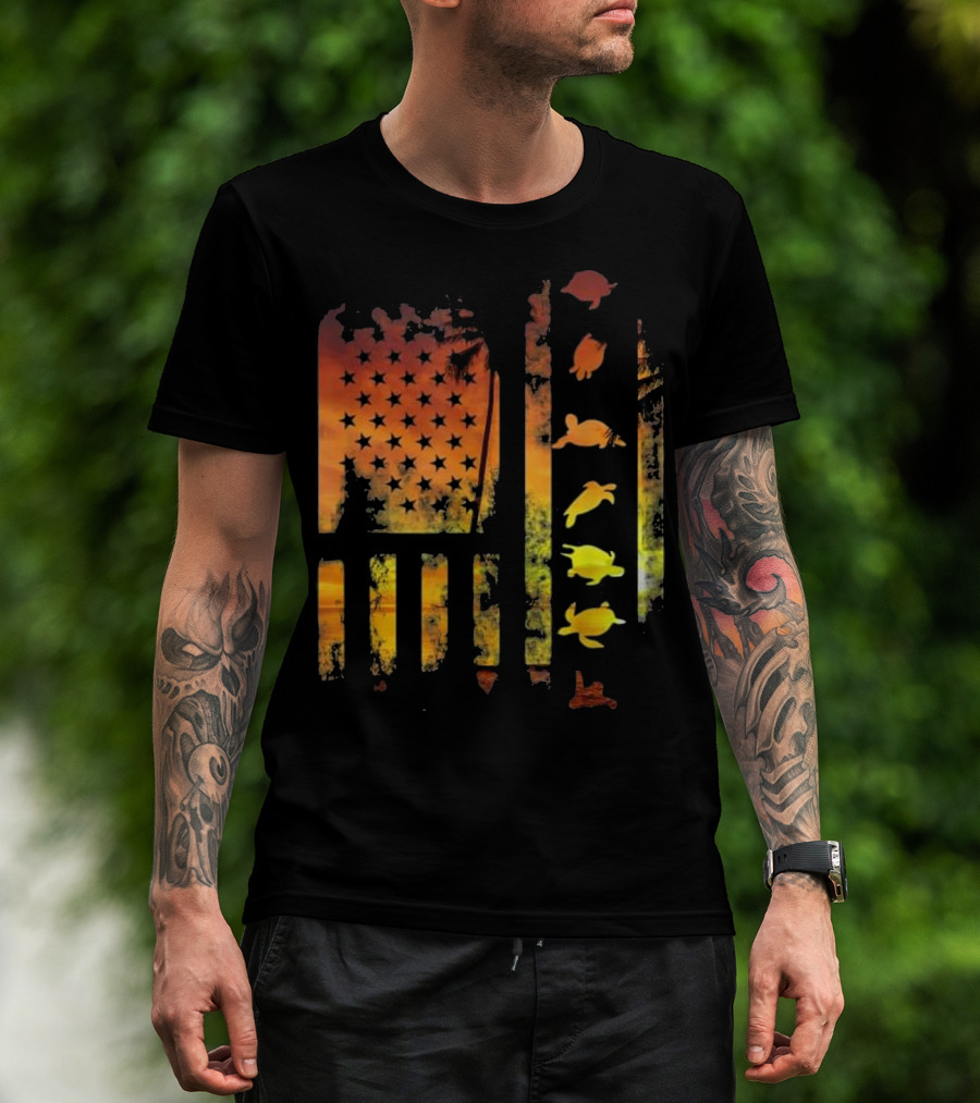 American Flag Sunset Sea Turtle T-Shirt