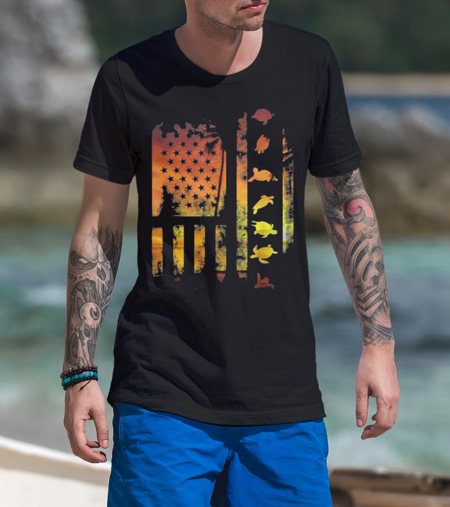 American Flag Sunset Sea Turtle T-Shirt
