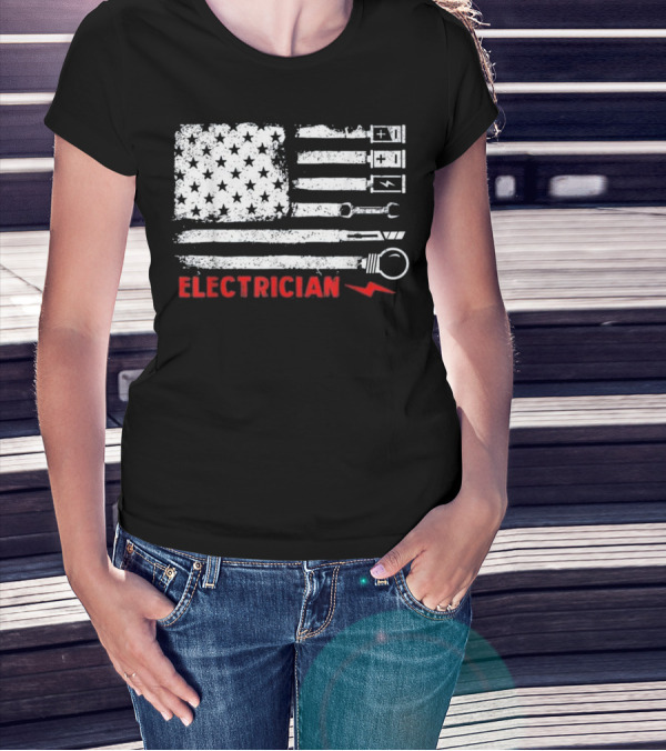 American Flag Electrician Wrench Bolt Battery Stars Stripe Icons T-Shirt