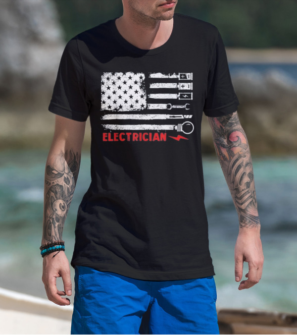 American Flag Electrician Wrench Bolt Battery Stars Stripe Icons T-Shirt