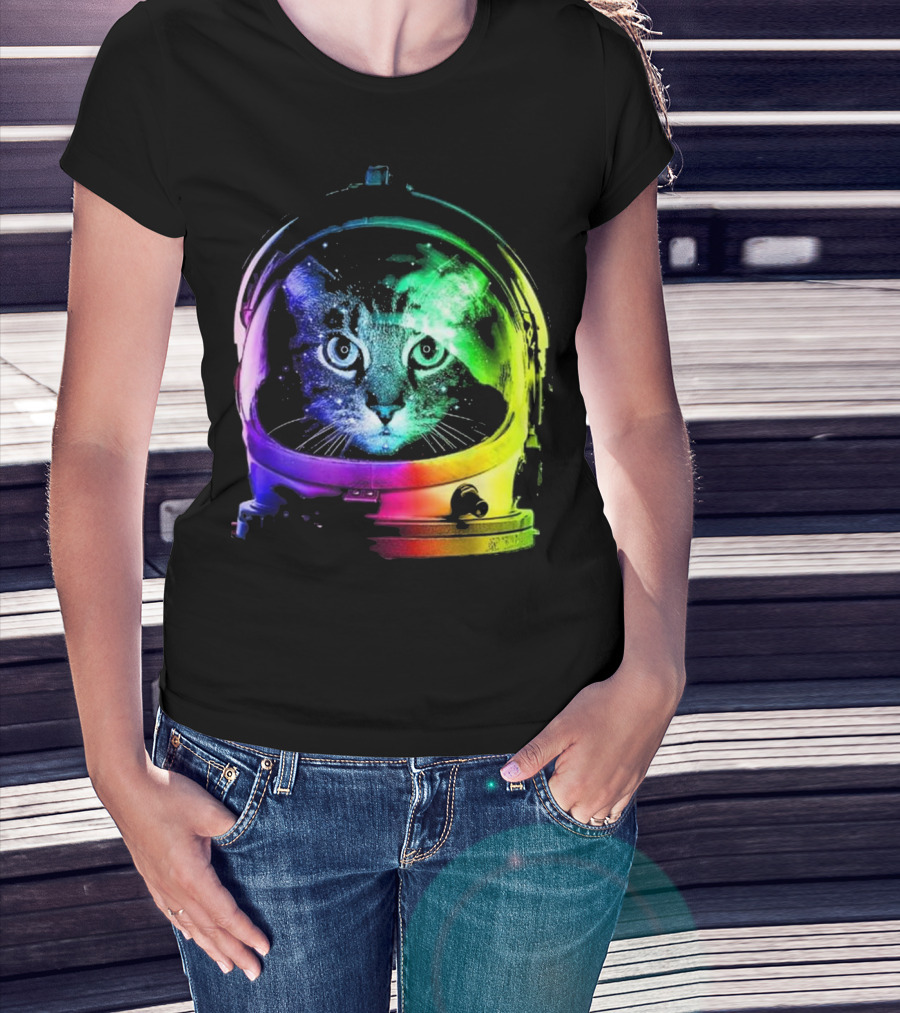 Space Cat In Astronaut Helmet With Cosmic Rainbow Colors T-Shirt