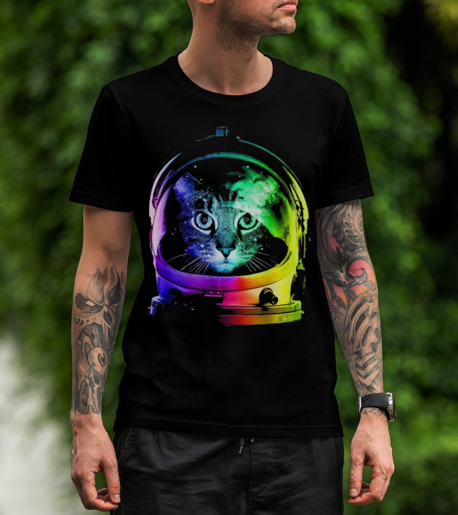Space Cat In Astronaut Helmet With Cosmic Rainbow Colors T-Shirt