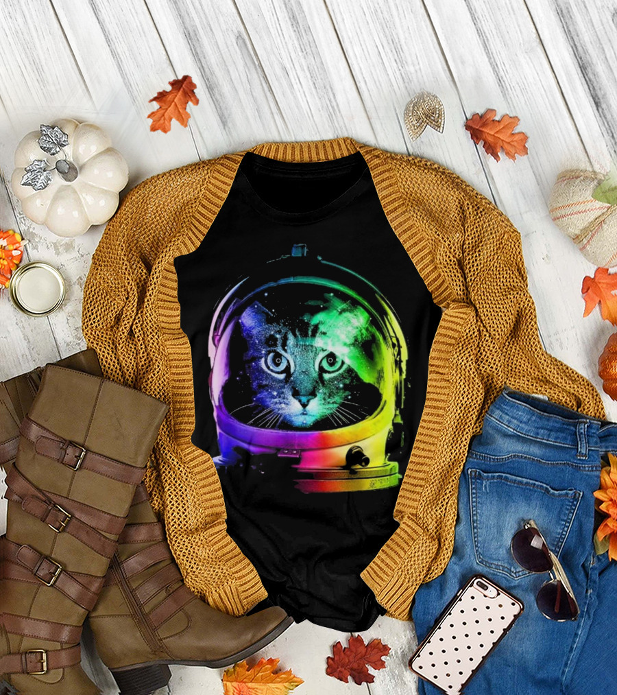 Space Cat in Astronaut Helmet with Cosmic Rainbow Colors T-Shirt