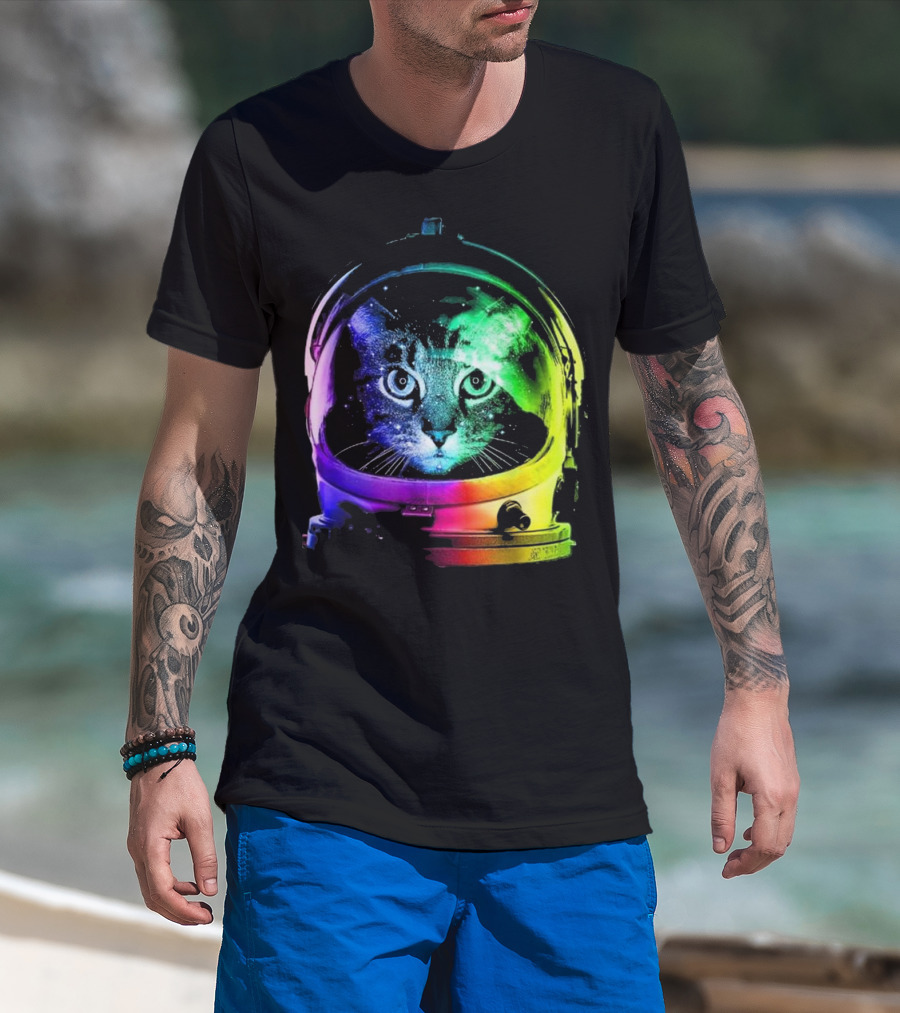 Space Cat In Astronaut Helmet With Cosmic Rainbow Colors T-Shirt