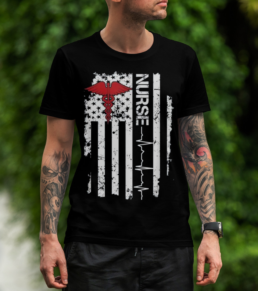 Nurse Caduceus Heartbeat American Flag Stars Stripes T-Shirt