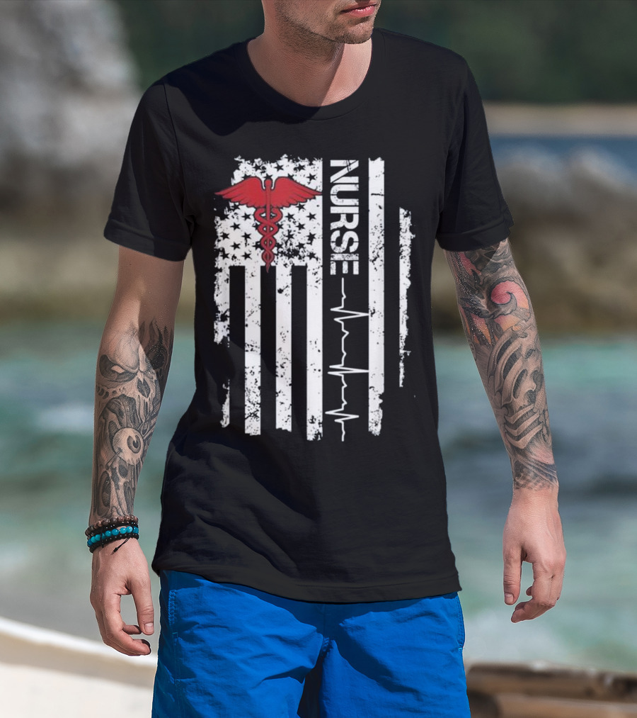 Nurse Caduceus Heartbeat American Flag Stars Stripes T-Shirt