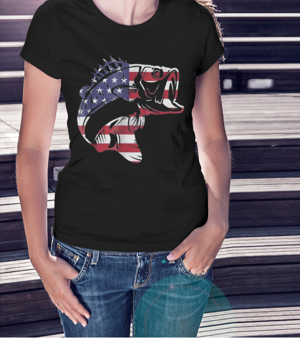 Bass Fishing American Flag Patriotic Bass Fisherman T-Shirt