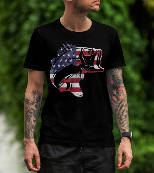 Bass Fishing American Flag Patriotic Bass Fisherman T-Shirt