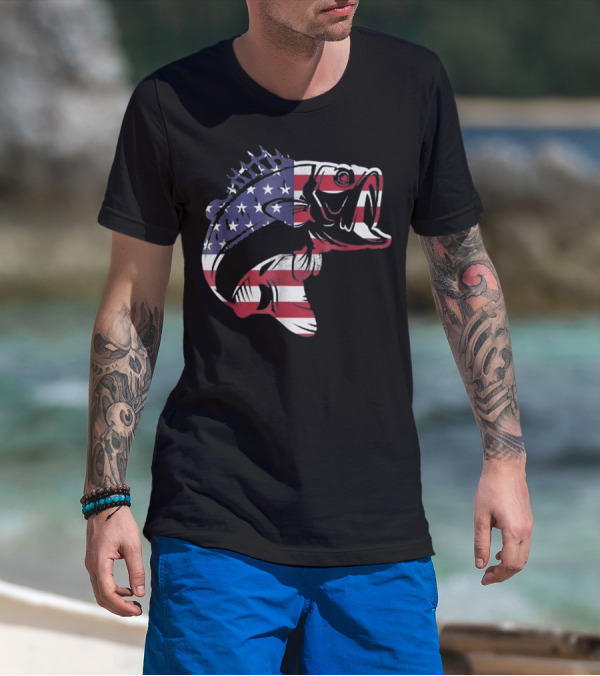 Bass Fishing American Flag Patriotic Bass Fisherman T-Shirt