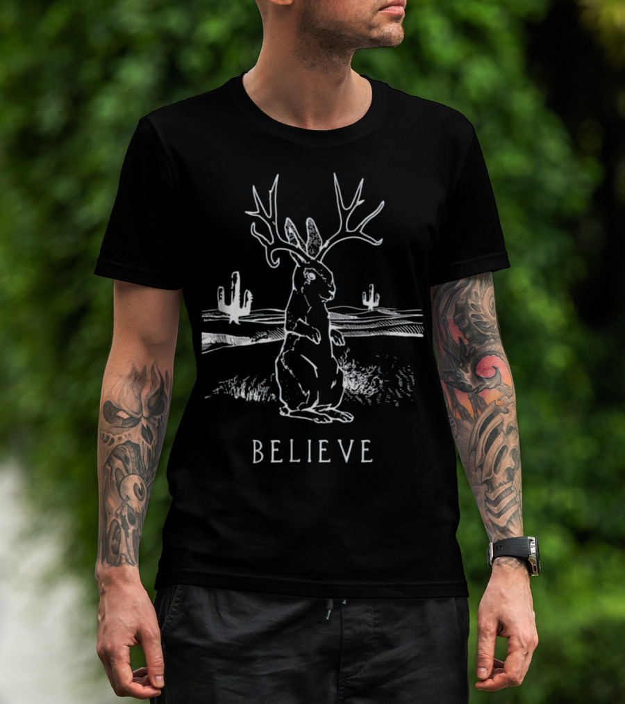 Believe Jackalope Cryptid Antlered Rabbit Desert Scene T-Shirt