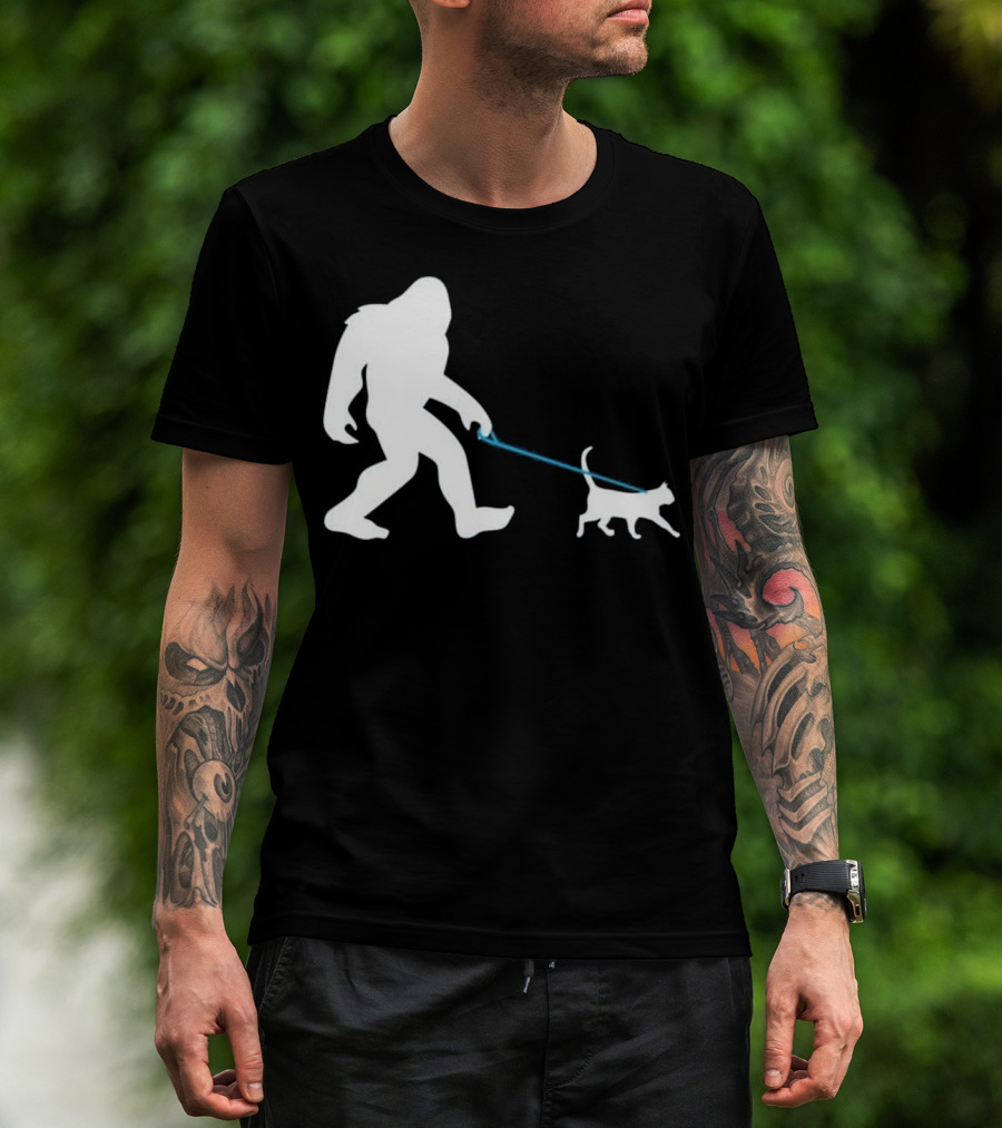 Bigfoot Walking Cat Funny Cute Sasquatch Silhouette Leash T-Shirt