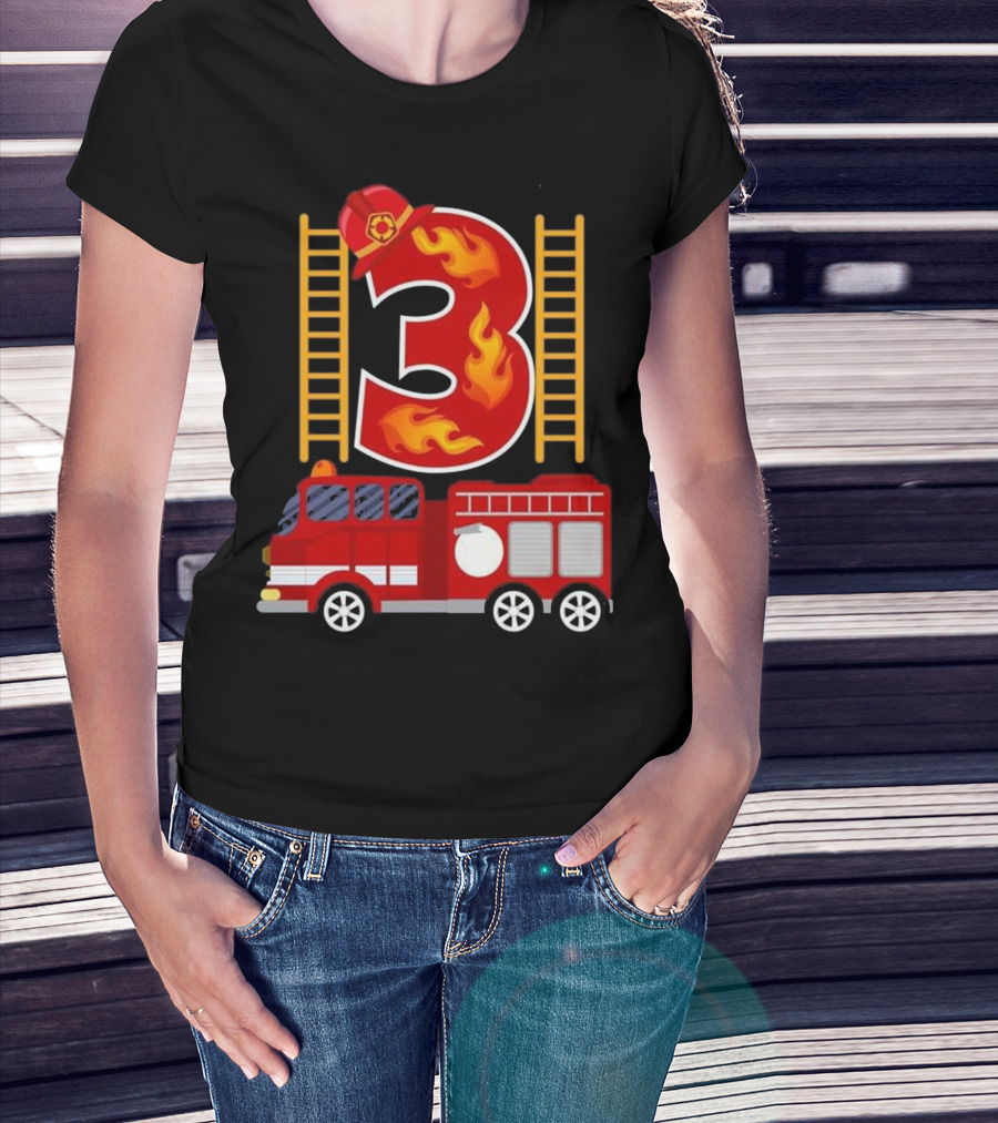 Birthday Firefighter Number 3 Fire Truck Flames Hat Ladder T-Shirt