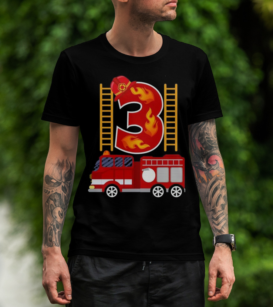 Birthday Firefighter Number 3 Fire Truck Flames Hat Ladder T-Shirt