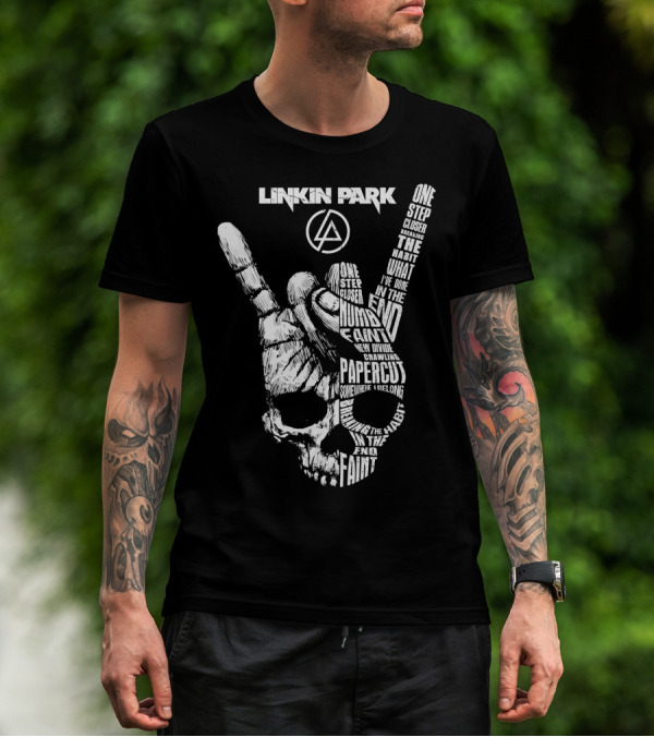 Linkin Park Lyrics Skull Hand Sign With Songs Faint In The End Crawling One Step Closer T-Shirt