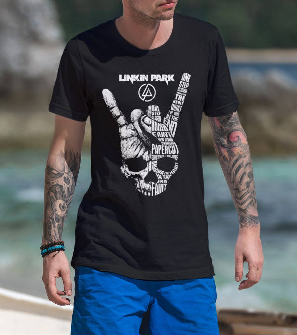 Linkin Park Lyrics Skull Hand Sign With Songs Faint In The End Crawling One Step Closer T-Shirt