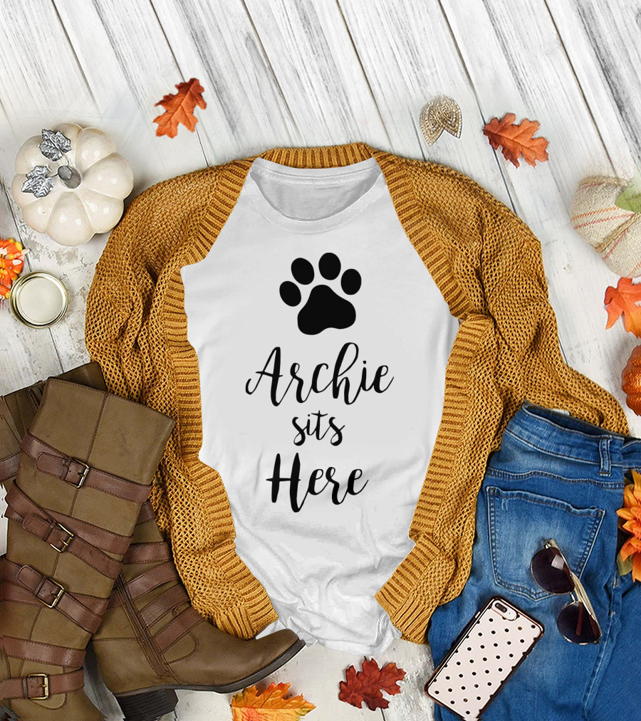 Archie Sits Here Paw Print Design Loving Dogs Pitbull T-Shirt
