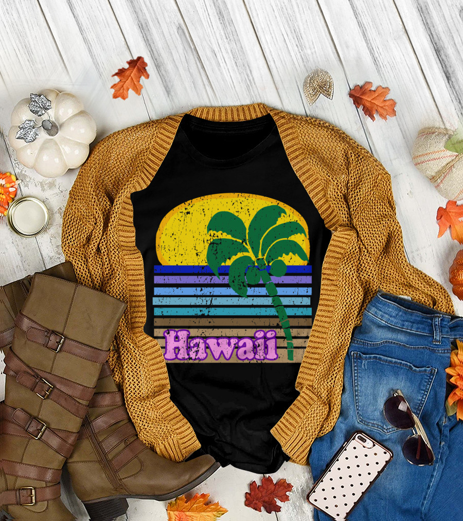 Retro Hawaii Sunset with Palm Tree and Striped Colors T-Shirt