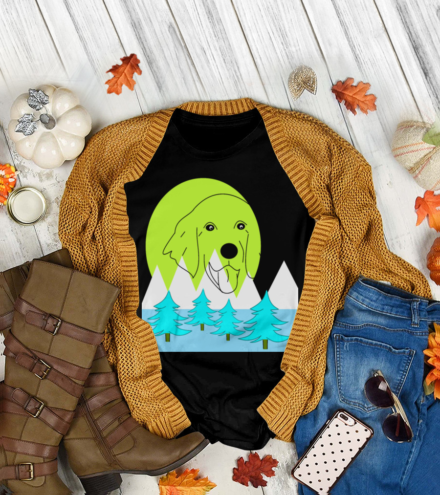 Golden Retriever Over Snowy Mountain Pines and Bright Green Moon T-Shirt