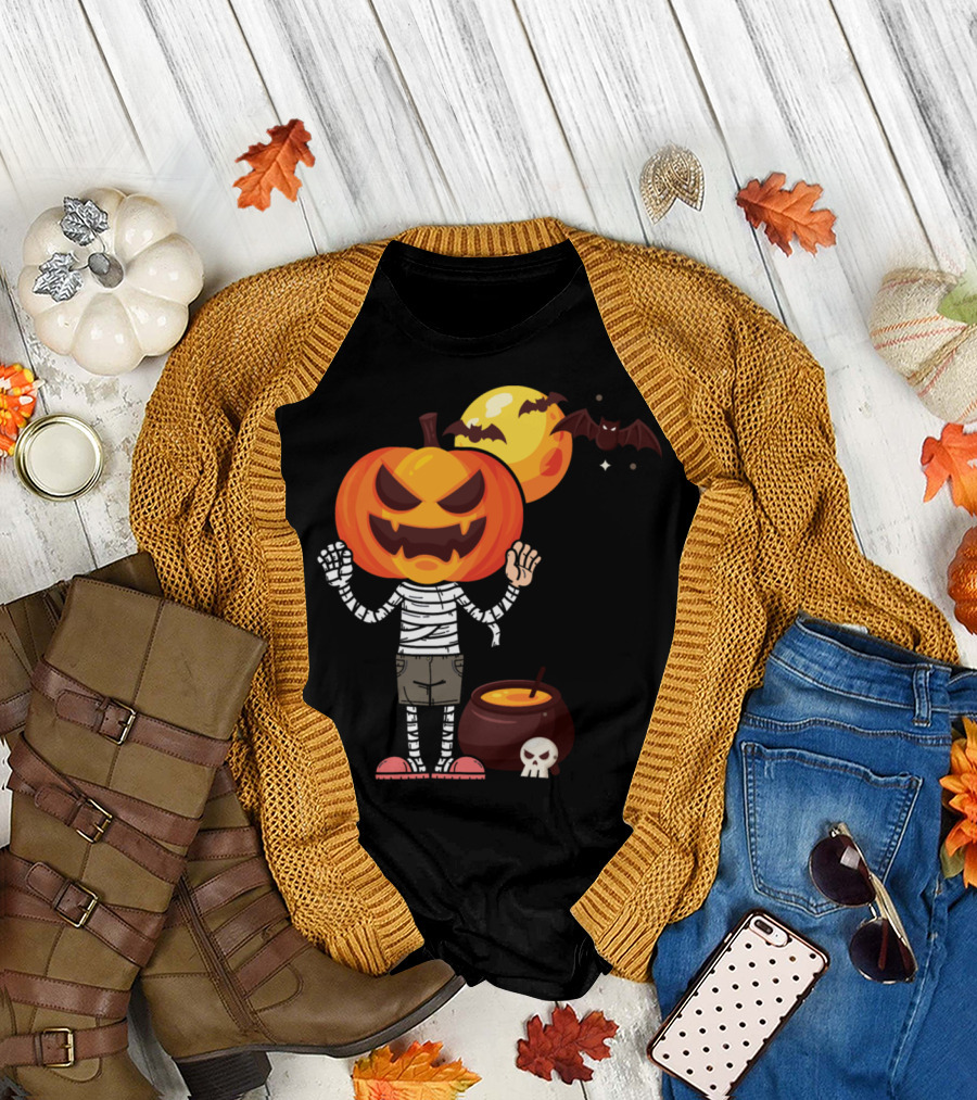 Halloween Pumpkin Mummy with Cauldron Bat Moon T-Shirt