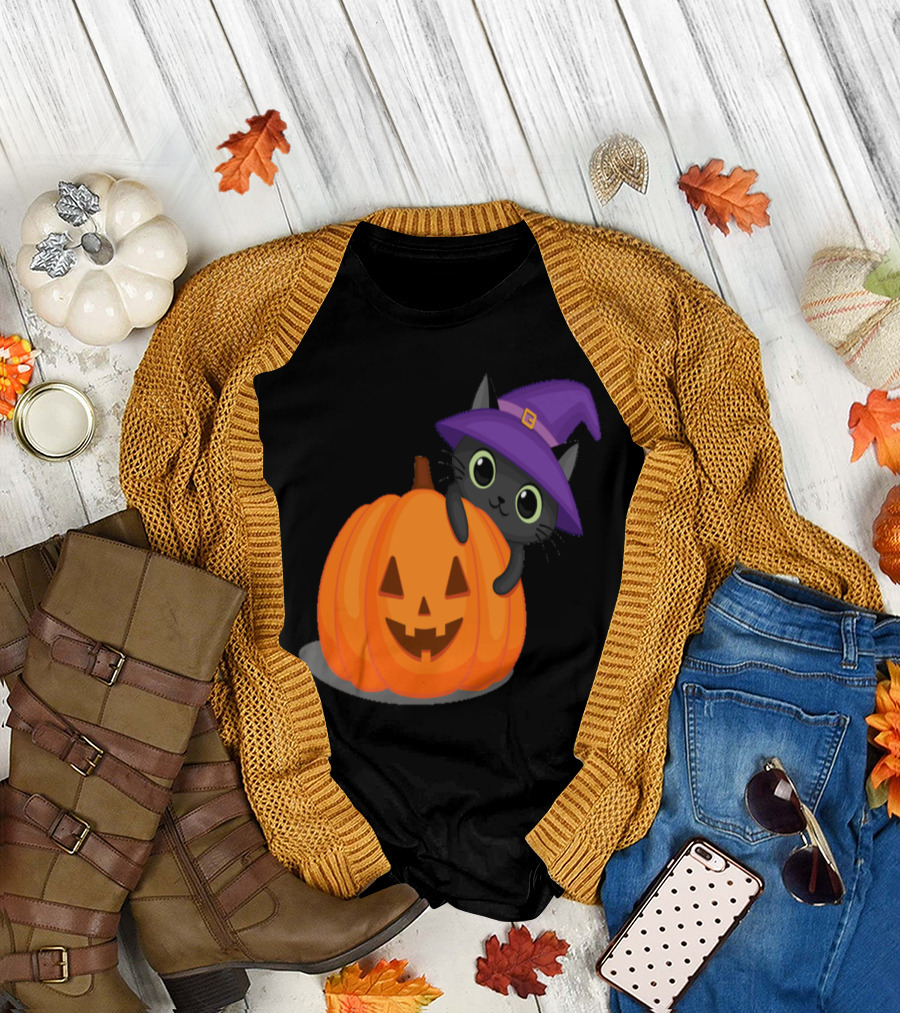 Cat Witch Hat Jack-o'-Lantern Pumpkin T-Shirt