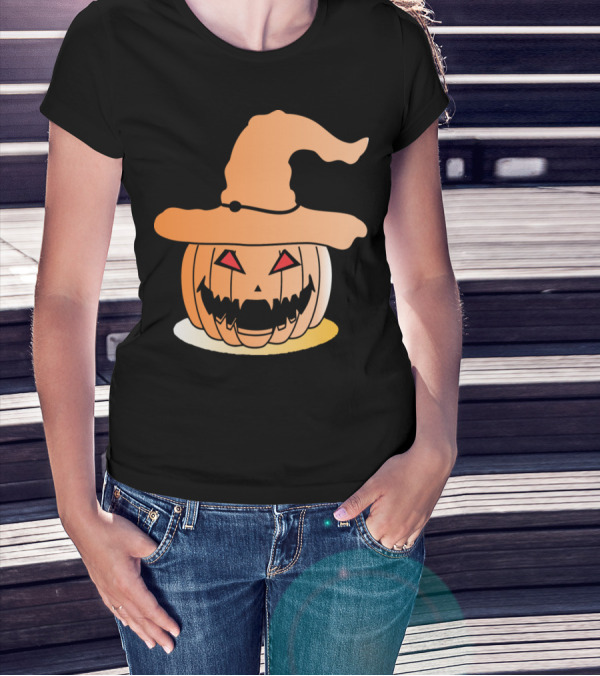 Pumpkin Horror Witch Hat Halloween T-Shirt
