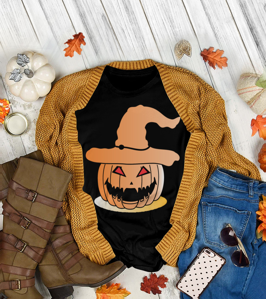 Pumpkin Horror Witch Hat Halloween T-Shirt