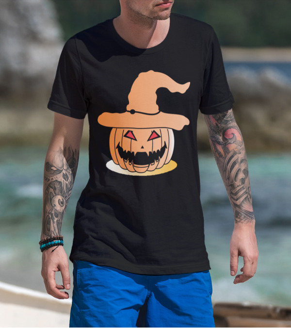 Pumpkin Horror Witch Hat Halloween T-Shirt