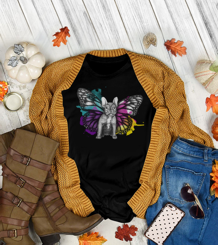Flying Bulldog with Vibrant Butterfly Wings T-Shirt