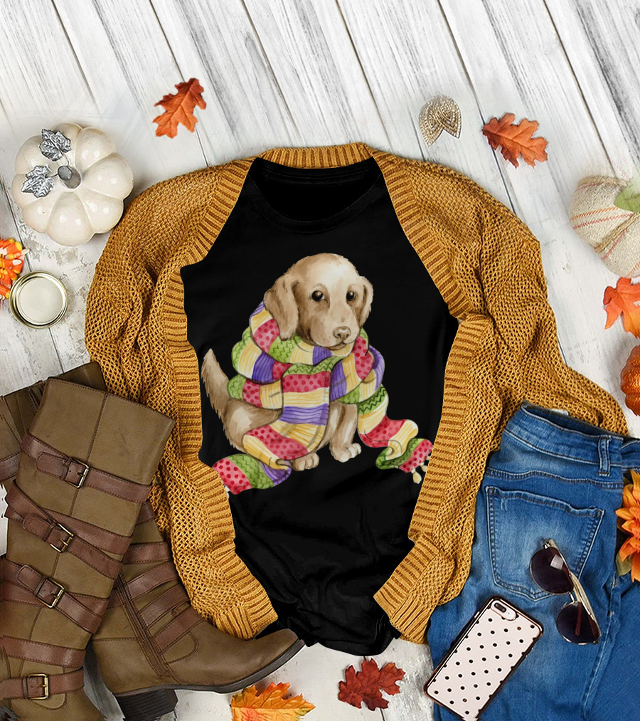 Cozy Snuggle Pup Wrapped in Colorful Patchwork Scarf T-Shirt