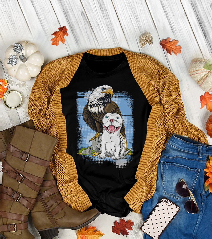 Eagle and Happy Dog Companion on Rock with Blue and Green Accents T-Shirt