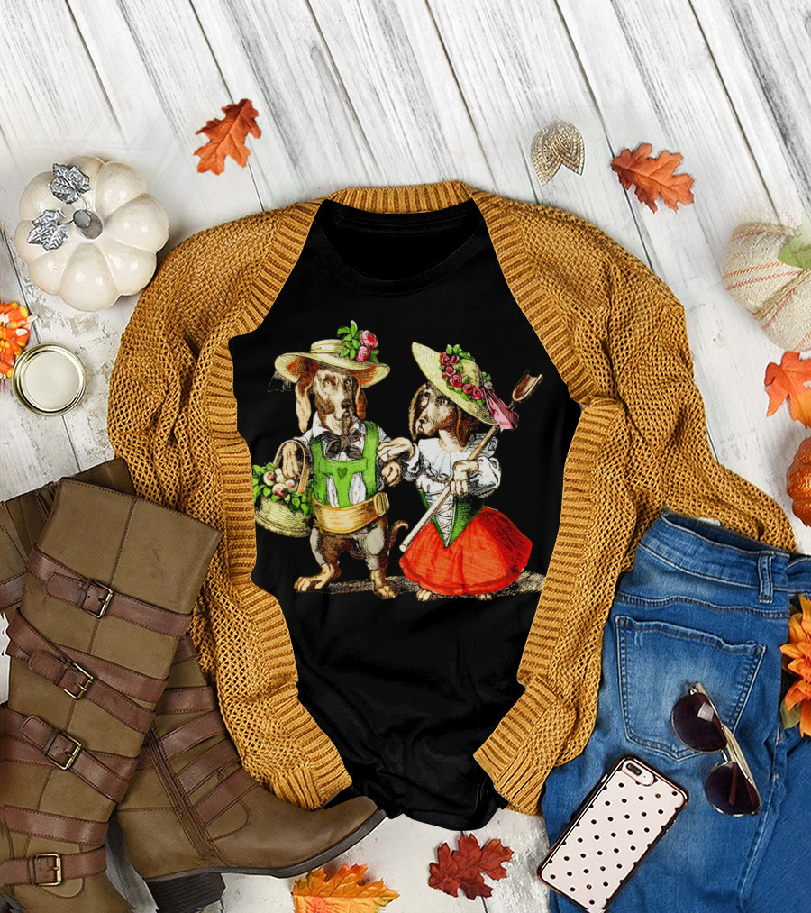 Vintage Style Anthropomorphic Dogs Little Brother and Little Sister in Flower Hats and Traditional Attire T-Shirt