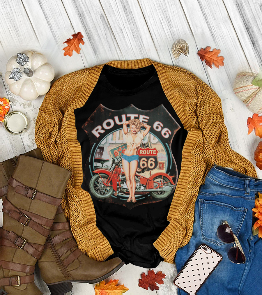 Route 66 Vintage Biker Pin-Up with Classic Motorcycle Sign T-Shirt