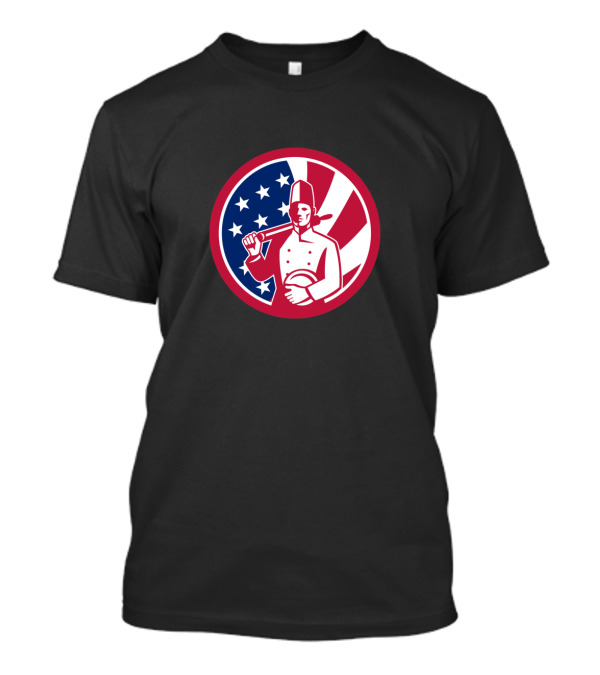 American Baker Holding Rolling Pin With USA Flag Icon Background T-Shirt