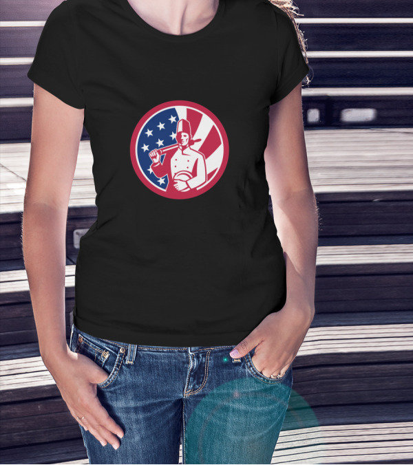 American Baker Holding Rolling Pin With USA Flag Icon Background T-Shirt