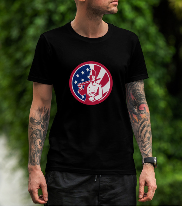 American Baker Holding Rolling Pin With USA Flag Icon Background T-Shirt