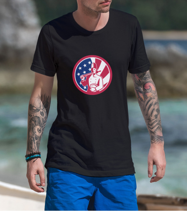 American Baker Holding Rolling Pin With USA Flag Icon Background T-Shirt