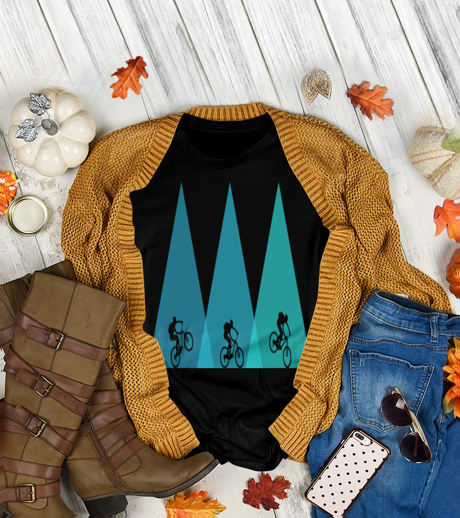 Mountain Bike Bicycle MTB Adventure Silhouettes on Blue Triangles T-Shirt