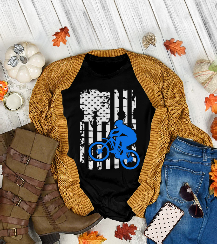 American Grunge Mountain Bike Silhouette on Distressed Flag T-Shirt
