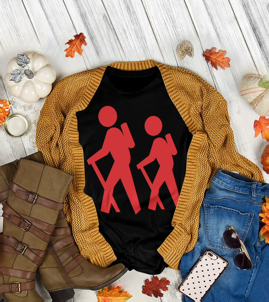 Red Stick Figures Hiking with Backpacks T-Shirt
