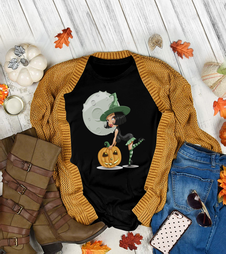 Witch with Pumpkin Full Moon Playful Pose T-Shirt