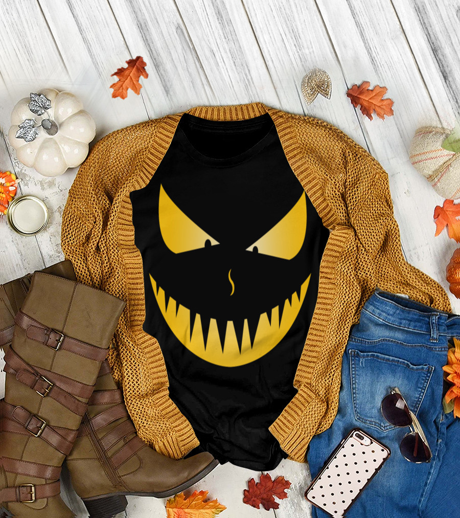 Scary Evil Pumpkin Face with Sharp Teeth and Menacing Eyes T-Shirt