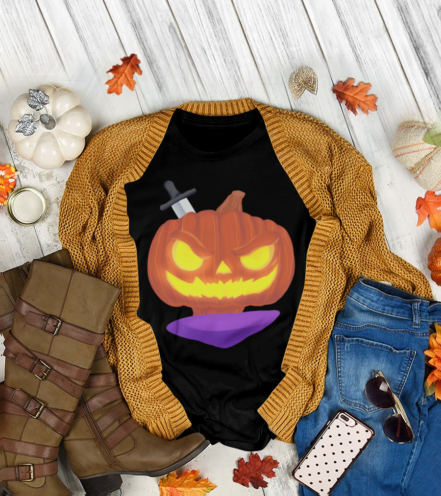 Funny Halloween Pumpkin with Knife and Glowing Eyes T-Shirt