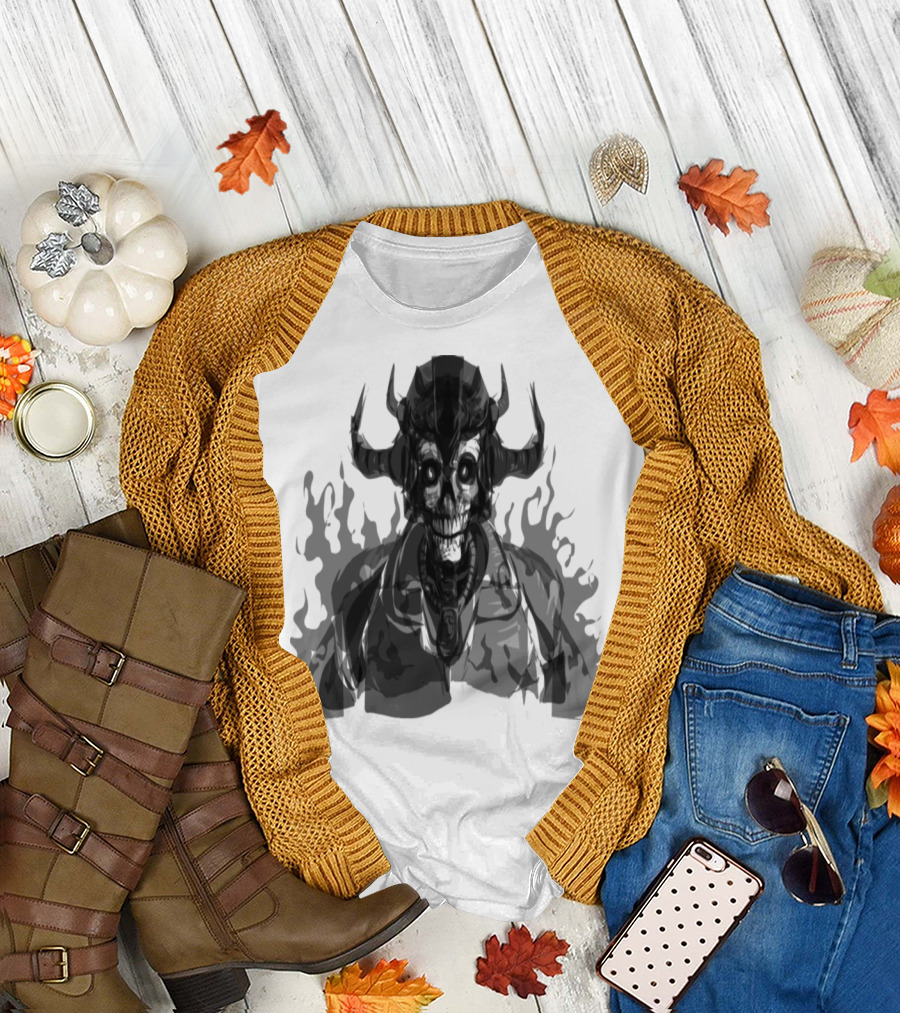 Dark Skeleton Warrior with Horns and Evil Eyes T-Shirt